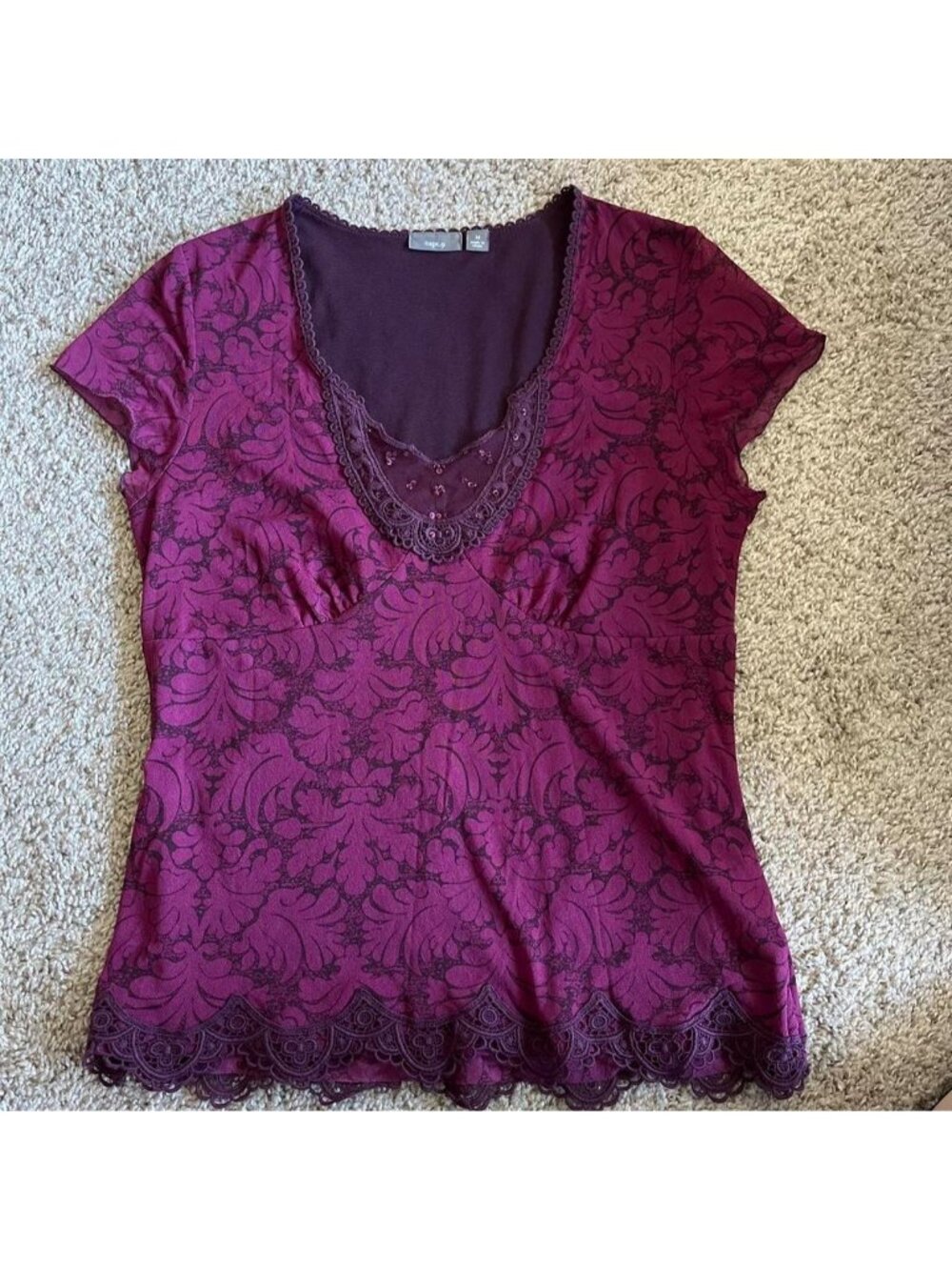 Purple floral lace blouse with dark purple damask pattern